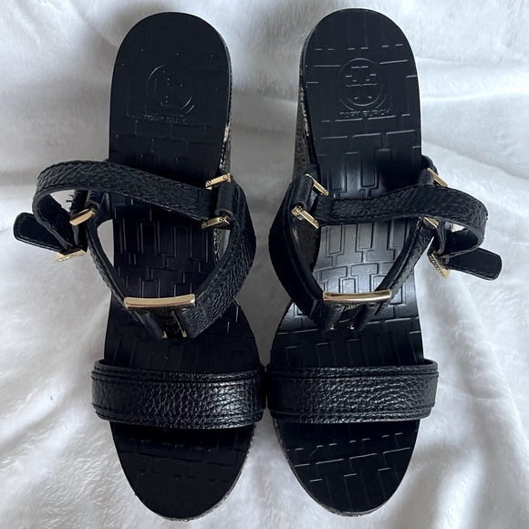 Tory Burch Black and Gold Snakeskin Wedges - Picture 3 of 8